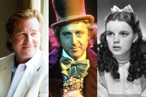 A three way image showing Val Kilmer, left, Gene Wilder, and Judy Garland.