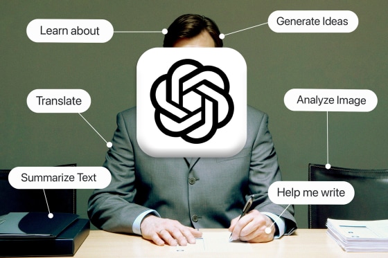 Photo illustration of man whose face is obscured by Chat GPT logo; sitting at desk with text bubbles surrounding him that read: Learn about, Generate Ideas, Translate, Analyze Image, Summarize Text, Help me write 