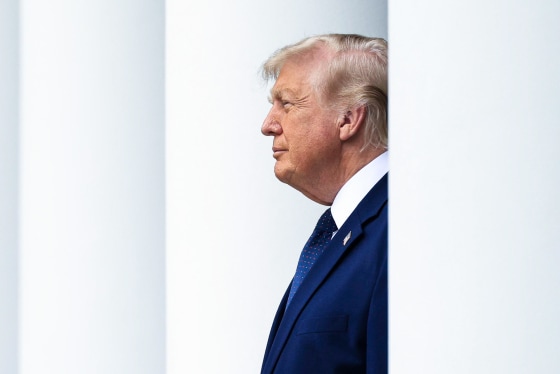 Donald Trump as seen from the side, standing in between white columns