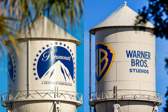 A split composite image showing two water towers, one for Paramount, left, and one for Warner Bros. Studios