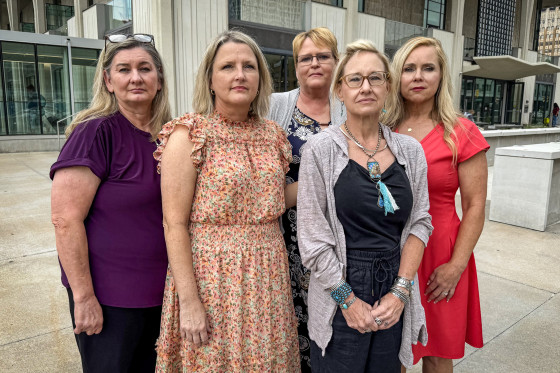 Abby Scott, Kim Williams, Kerri Jackson, Lisa Ball and Sarah Boren at the Tulsa District Court in Oklahoma on July 15, 2026.