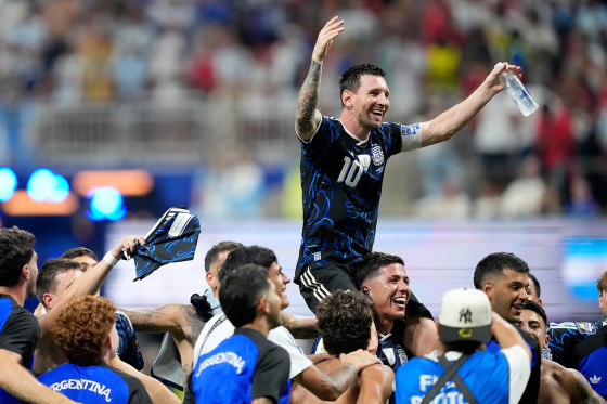 Argentina's Lionel Messi celebrates with his teammates at the end of the World Cup semifinal soccer match between England and Argentina in Atlanta, Wednesday, July 15, 2026.