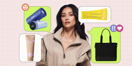 Béis founder Shay Mitchell’s favorite travel essentials to keep in her new-and-improved Weekender include Rini Daily Barrier Cream, the Shark ChillPill fan and HydraLyte Electrolyte Powder.