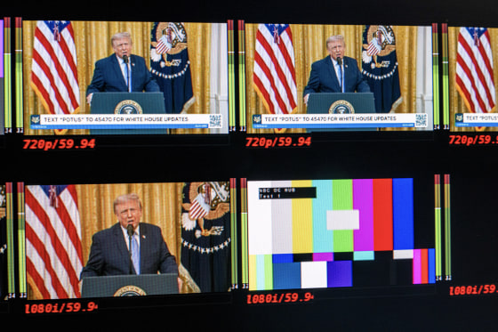 Donald Trump appears in a repetitive TV monitor display while standing at a lectern and speaking into a microphone.