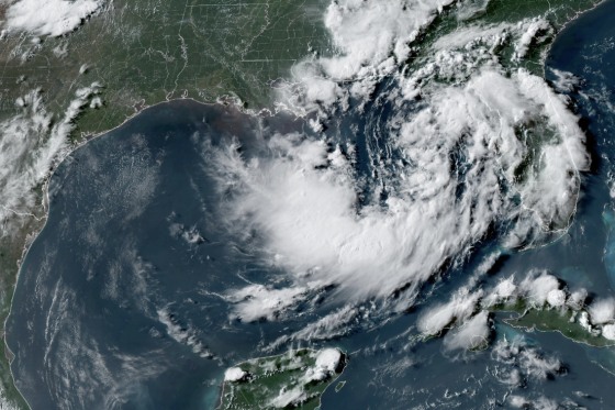 A color satellite image of a tropical depression in the ocean.