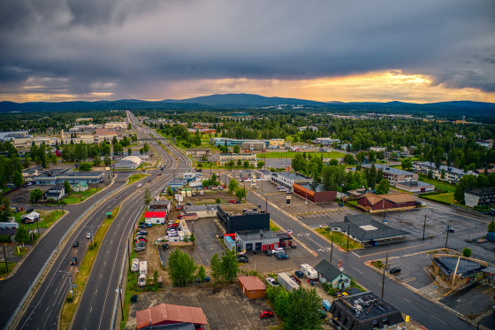 Image: An aerial view of Downtown Fairbanks, Alaska during a stormy summer sunset