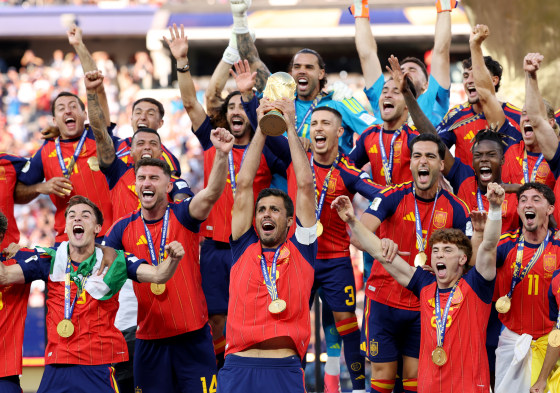 Rodri #16 of Spain lifts the FIFA World Cup Winner’s Trophy after the team’s victory following during the FIFA World Cup 2026 Final match between Spain and Argentina at New York New Jersey Stadium on July 19, 2026 in East Rutherford, New Jersey.