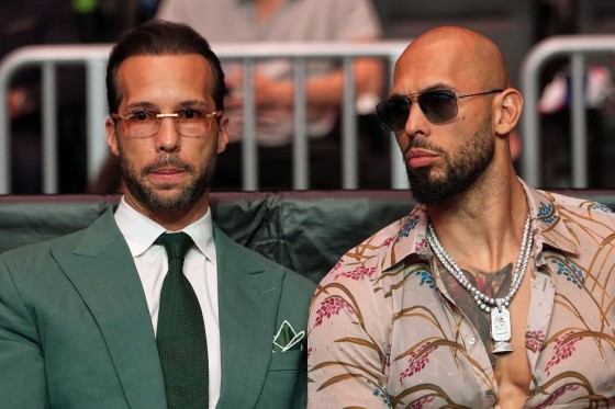 Andrew Tate, right, and his brother Tristan at an event on April 11, 2026, in Miami.