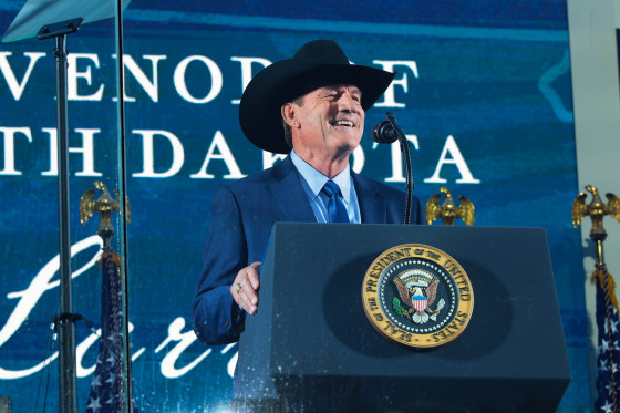 South Dakota Governor Larry Rhoden speaks during a rally at Mount Rushmore National Memorial in Keystone, South Dakota.