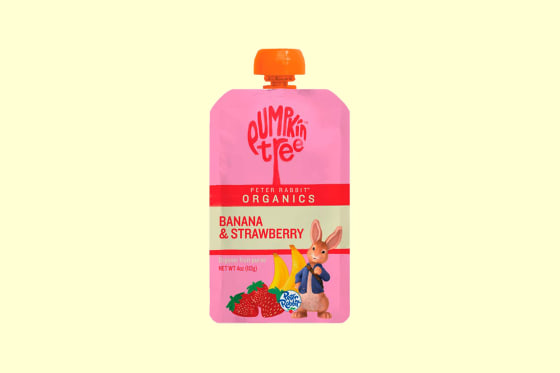 A Pumpkin Tree Peter Rabbit Organics Banana & Strawberry 4 oz. pouch on a light yellow background