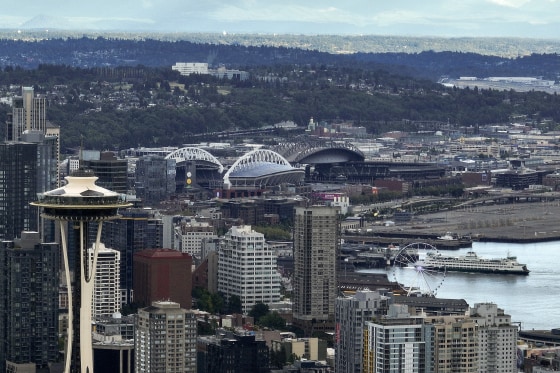 The Seattle skyline seen from an elevated perspective.