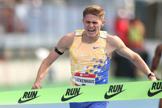 Cooper Lutkenhaus reacts as he wins the Men's 800m final during the 2026 USATF Outdoor Track & Field Championships in New York.