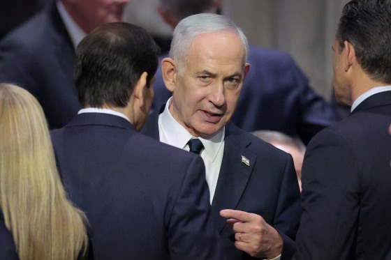 Israeli Prime Minister Benjamin Netanyahu talks with Secretary of State Marco Rubio, left, and Defense Secretary Pete Hegseth speak at the funeral service for Sen. Lindsey Graham at the Washington National Cathedral on July 28, 2026.