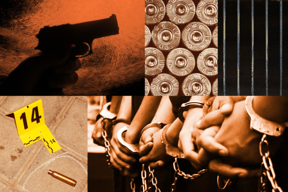 An illustration depicting various elements, from top left, including: a hand holding a gun, the backs of 9mm bullets, prison cell bars, a yellow crime scene marker with the number "14" in front of a bullet on the concrete circled in white chalk, and a row of hands in chained handcuffs