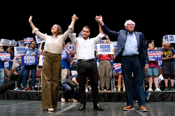 From left, Alexandria Ocasio-Cortez, Abdul El-Sayed, and Bernie Sanders