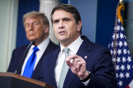 Deputy Attorney General Todd Blanche with President Donald Trump in the briefing room of the White House on June 27, 2025.