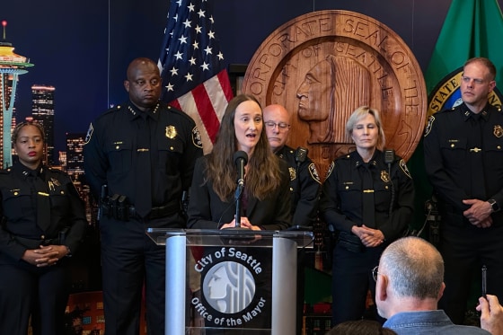 Seattle Mayor Katie Wilson at a press conference in Seattle.