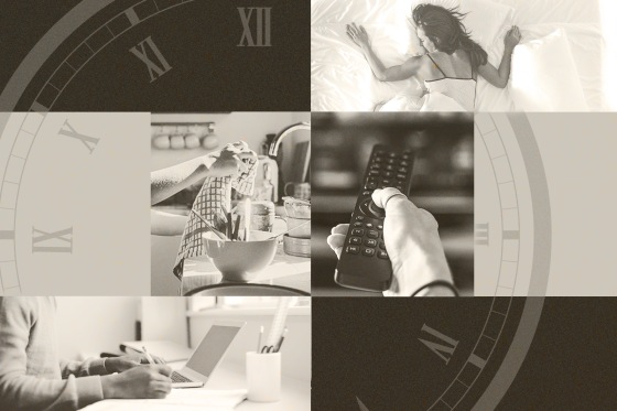 Photo illustration of a clock and multiple images of household tasks like sitting at a laptop, doing dishes, holding tv remote, and sleeping. 