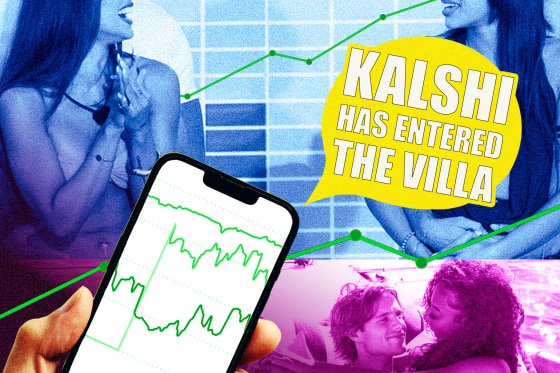 Photo illustration of photos from the latest season of Love Island with graphs from Kalshi and text that reads "Kalshi has entered the villa."