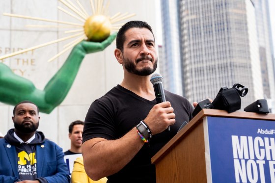 Abdul El-Sayed, US Democratic Senate candidate from Michigan, during a news conference following the March for the Many in Detroit, Michigan, on August 2, 2026.