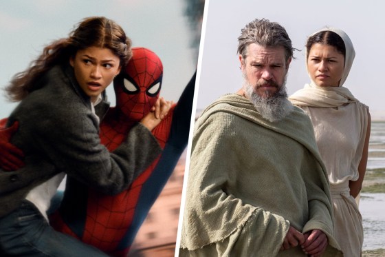 A split composite image showing Zendaya and Tom Holland swinging mid-air while holding on to one another, Holland in his spiderman costume, and right, Matt Damon and Zendaya standing next to one another outside