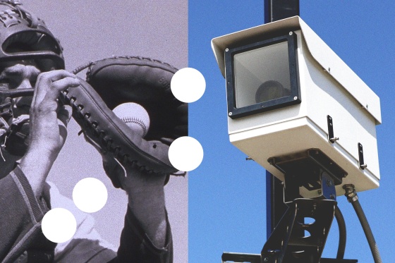 Split image of baseball catcher and ABS camera