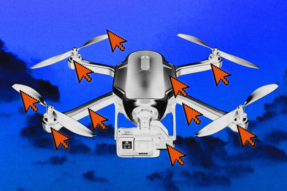 A flying drone being clicked on by red computer cursors.