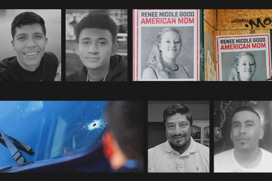Photos of victims fatally shot by ICE agents; posters of Renee Nicole Good in Minneapolis; a car windshield cracked with a bullet hole.
