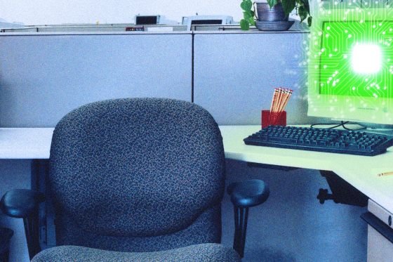 An empty office chair and a computer screen illuminated with digital, AI chip texture in a cubicle.
