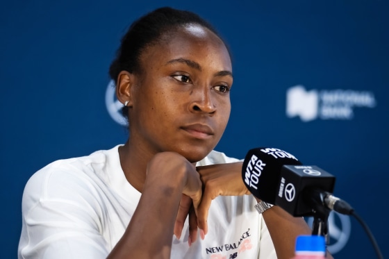 Coco Gauff talks to reporters at the National Bank Open on Aug. 5, 2026 in Toronto.