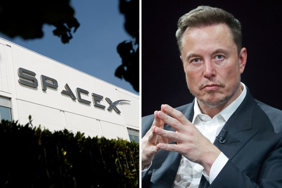 A split composite image showing the SpaceX logo on a building facade, left, and Elon Musk with his hands together