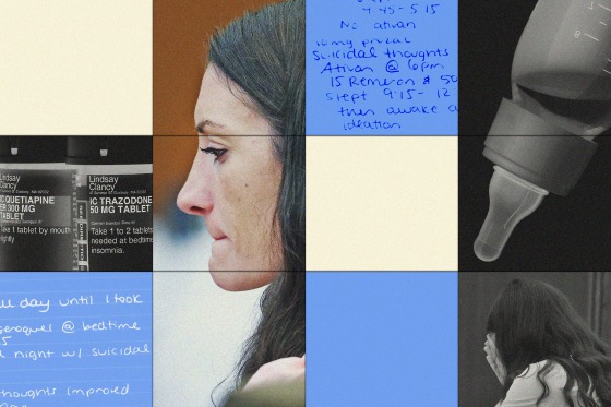 Grid of photos showing Lindsay Clancy in court; pill bottles prescribed to Clancy; notes about suicidal thoughts and ideations written by Clancy; a baby bottle; Clancy crying in court.