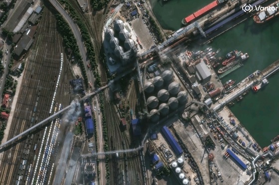 Satellite imagery taken Wednesday appears to show damaged port infrastructure following a Ukrainian drone and missile attack on Novorossiysk in the Krasnodar region of Russia.
