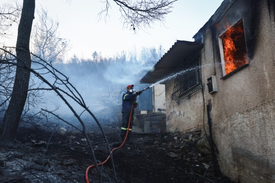A firefighter sprays a hose into the window of a house on fire, in a charred forest environment