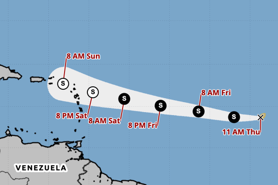 Tropical Storm Dolly. The cone contains the likely path of the storm center but does not show the size of the storm. Hazardous conditions can occur outside of the cone.