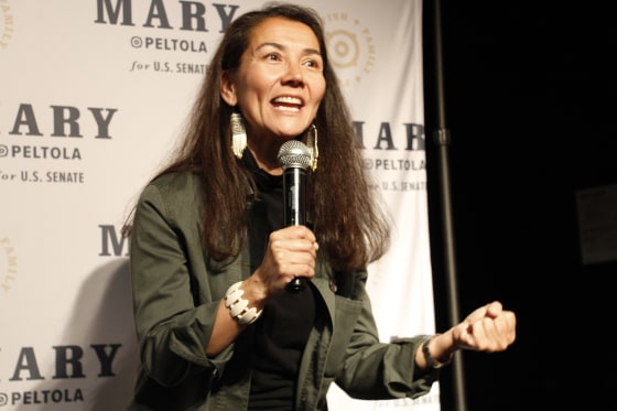 Mary Peltola, a Democrat running for the U.S. Senate seat in Alaska, addresses supporters at an election watch party Tuesday, Aug. 18, 2026, in Anchorage.