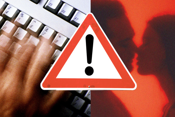 Photo illustration of a caution sign overlaid atop hands on a keyboard and two silhouettes 