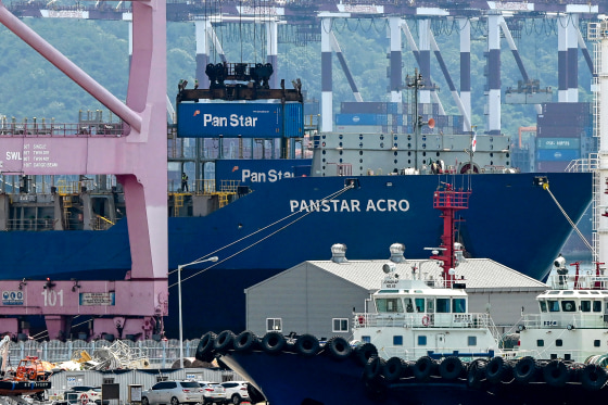 A container is loaded to the container ship "Panstar Acro."