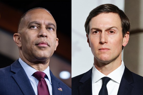 A split composite image of Hakeem Jeffries, left, and Jared Kushner
