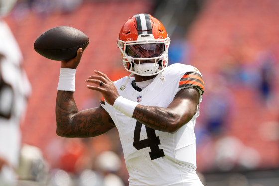 Cleveland Browns quarterback Deshaun Watson warms up before a preseason NFL football game against the Buffalo Bills, Saturday, Aug. 22, 2026, in Cleveland.