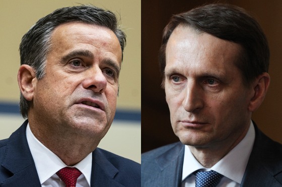 A split composite image of CIA Director John Ratcliffe, left, and Russia foreign intelligence chief Sergey Naryshkin.