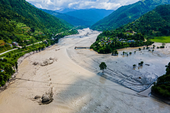 Aerial View Shows Extensive Damage After Flash Flood Sweeps Through The Bhotekoshi River In Nuwakot