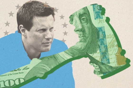 Photo illustration of a gavel, a hundred-dollar bill, and David Ellison.