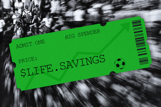 Photo illustration of a green ticket that says "Admit One, Big Spender" and "Price: $Life.Savings."