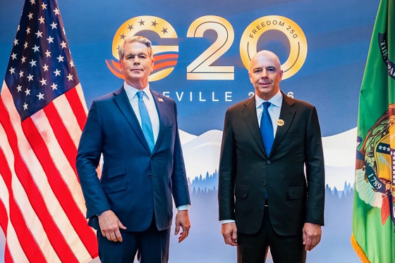 Treasury Secretary Scott Bessent and Russian Finance Minister Anton Siluanov at the G20 meeting in Asheville, N.C.