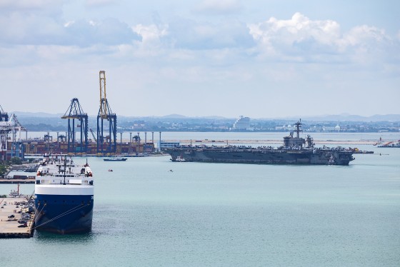 The USS Abraham Lincoln approaches Laem Chabang Port.