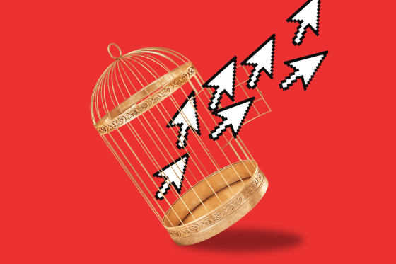 Photo illustration of mouse cursors flying out of birdcage against red background 
