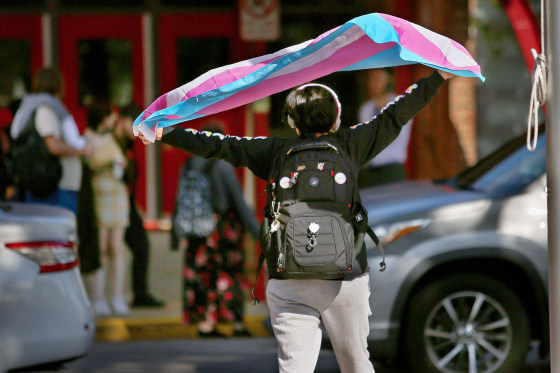 A person holds a transgender flag in the air. 
