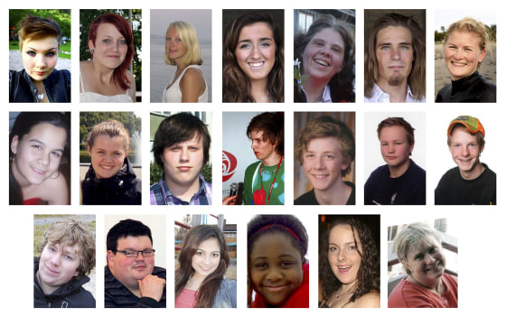 A combination photo shows 20 of the 76 victims killed in the July 22 bomb attack in central Oslo and shooting rampage in Utoya island. First row from left are: Silje Merete Fjellbu (17) from Tinn, Birgitte Smetbak (15) from Noetteroey, Margrethe Boeyum Kloeven (16) from Baerum, Bano Abobakar Rashid (18) from Nesodden, Hanne Fjalestad (43) from Lunner, Diderik Aamodt Olsen (19) from Nesodden and Kjersti Berg Sand (26) from Nord-Oda. Second row from left are: Sharidyn Meegan Ngahiwi Svebakk-Boehn, Guro Vartdal Haavoll (18) from Oersta, Syvert Knudsen (17) from Lyngdal, Simon Saeboe (18) from Salangen, Haakon Oedegaard (17) from Trondheim, Johannes Buoe (14) from Mandal and Eivind Hovden (15) from Tokke. Third row from left are: Sondre Furseth Dale (17) from Haugesund, Sverre Flaate Bjoerkavaag (28) from Sula, Gizem Dogan (17) from Trondheim, Modupe Ellen Awoyemi (15) from Drammen, Silje Stamneshagen (18) from Askoey, Tove Aashill Knutsen (56) from Oslo.