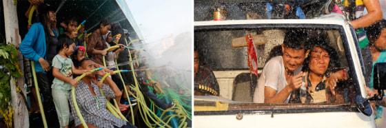 Left: People play with water as they celebrate Thingyan, Myanmar's new year water festival, in central Yangon, April 15. Right: Locals ride in vehicles as they get sprayed with water while celebrating Thingyan, Myanmar's new year water festival, in central Yangon April 15, 2012. Myanmar celebrate the New Year Water Festival of Thingyan during the month of Tagu, which usually falls around mid-April.